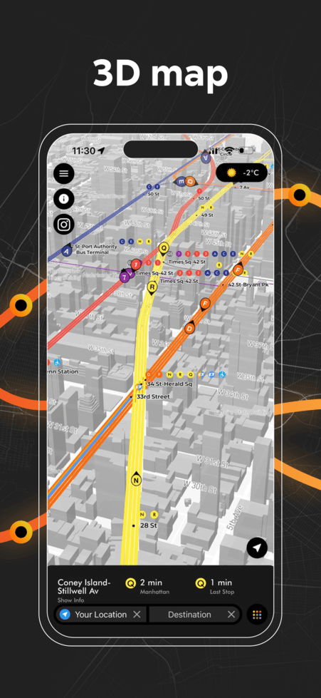 3D NYC subway map with elevated view of Manhattan streets, stations, and live train lines