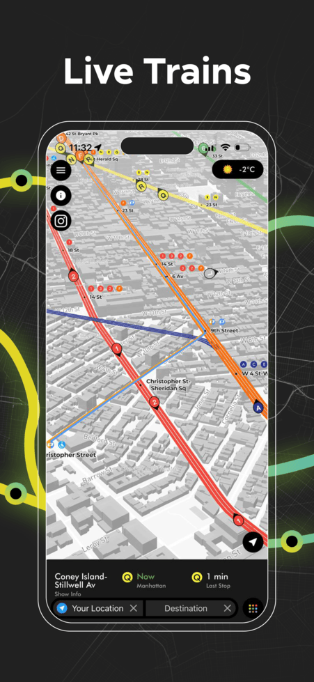 Real-time NYC subway map displaying live moving trains and active routes