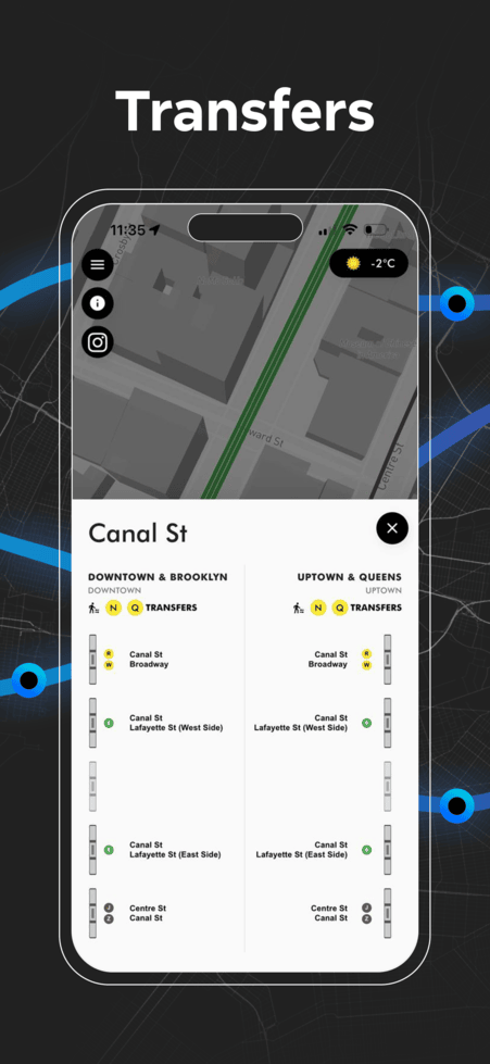 NYC subway transfer map for stations with connecting lines and platforms