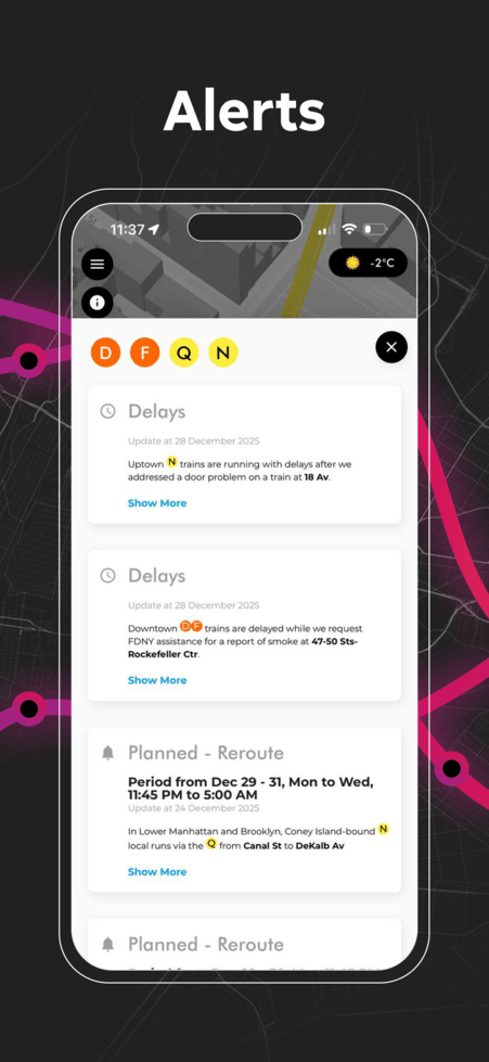 NYC subway service alerts screen showing delays, reroutes, and planned service changes
